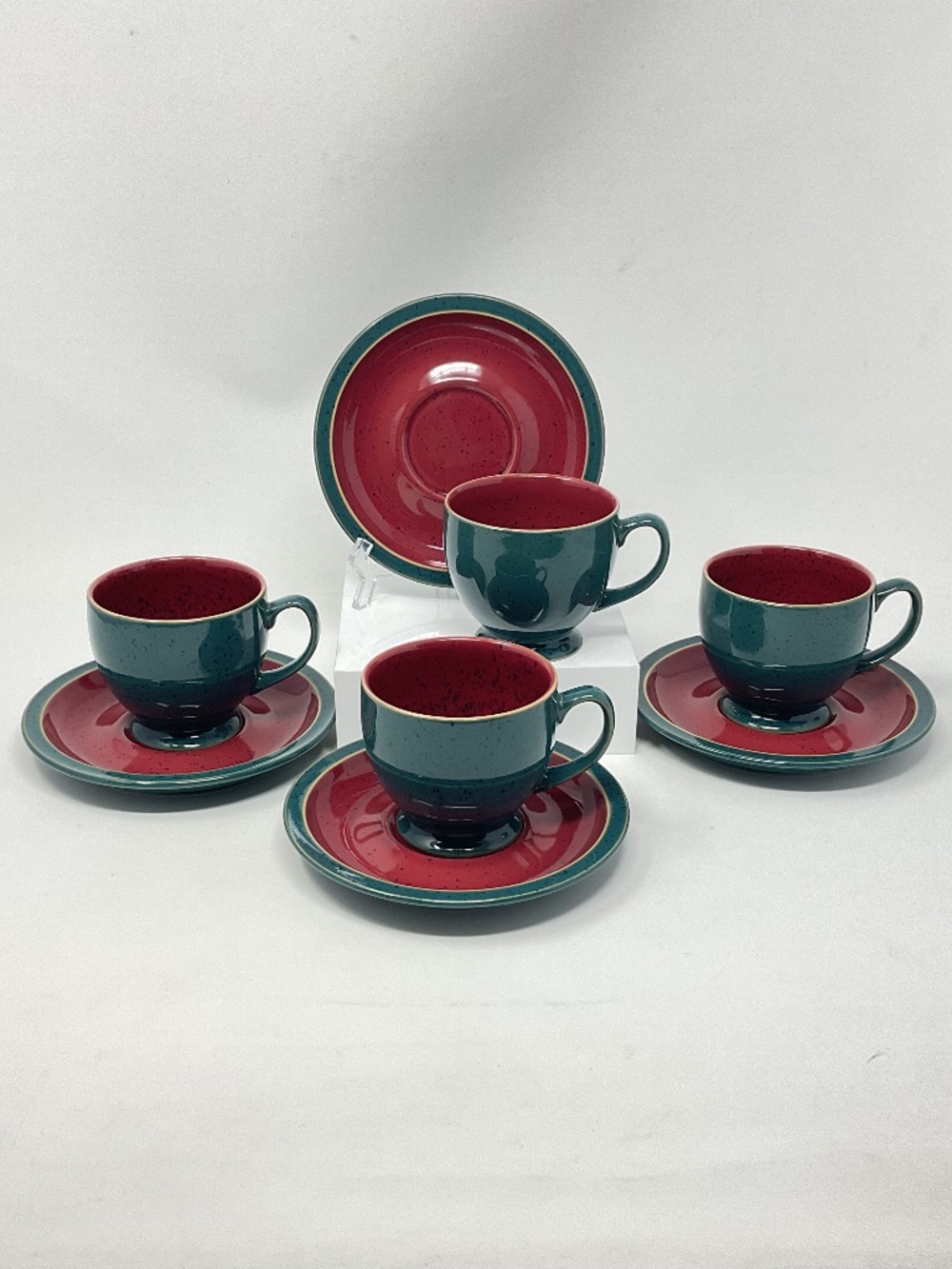 4 Denby Harlequin (retired) Stoneware Teacup & Saucers